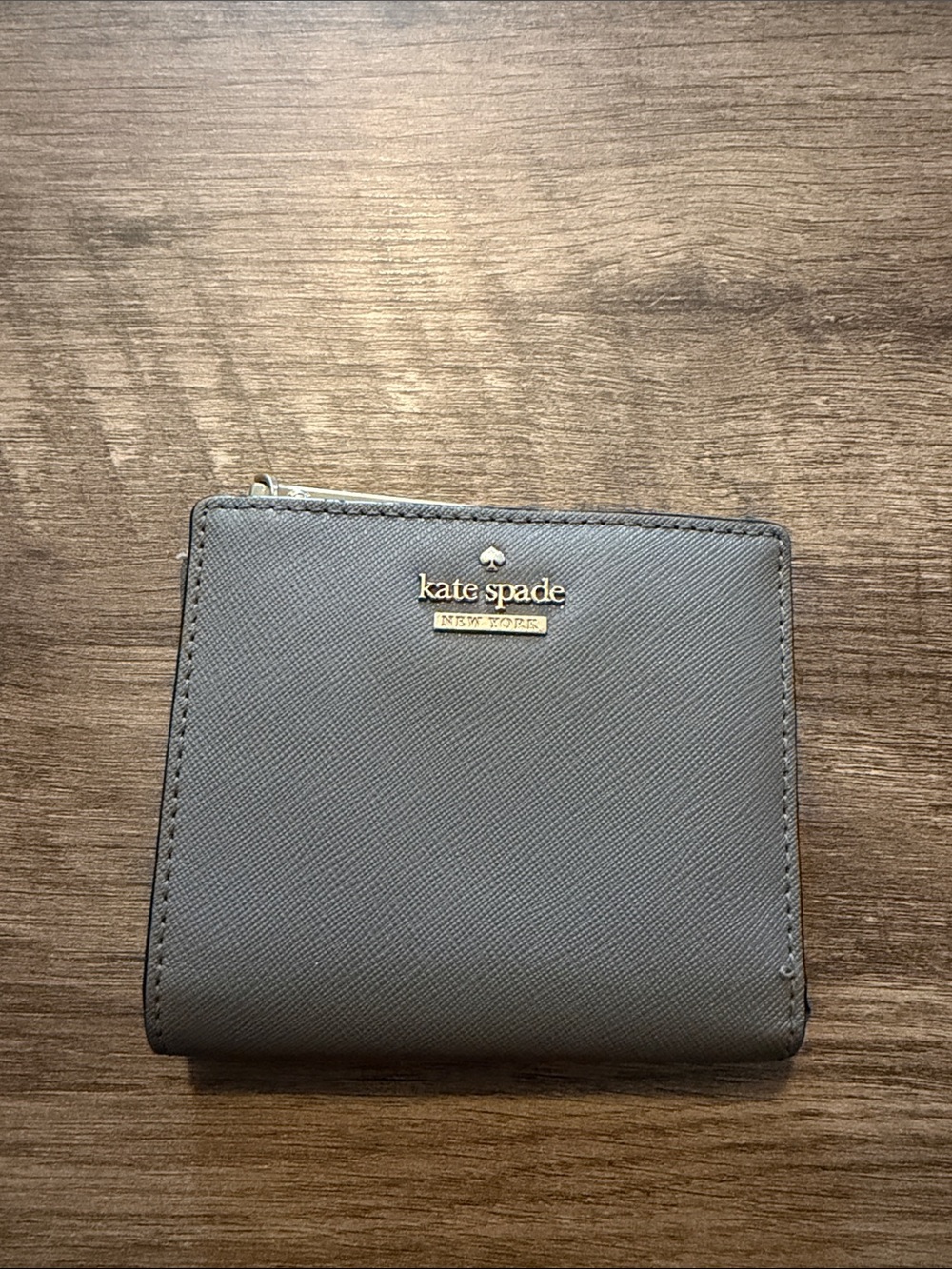 kate spade gray Saffiano compact zip wallet
